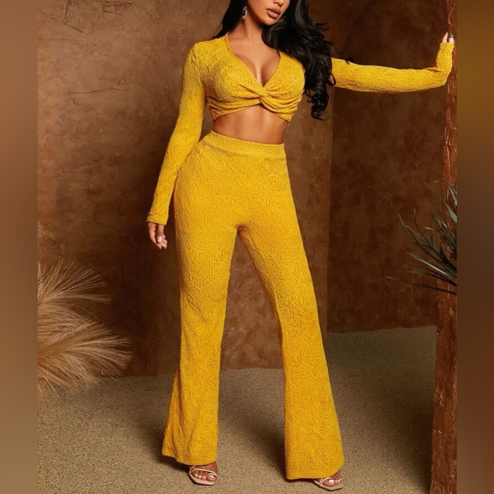 Mustard Yellow Crop Top & Flare Leg Pants Set